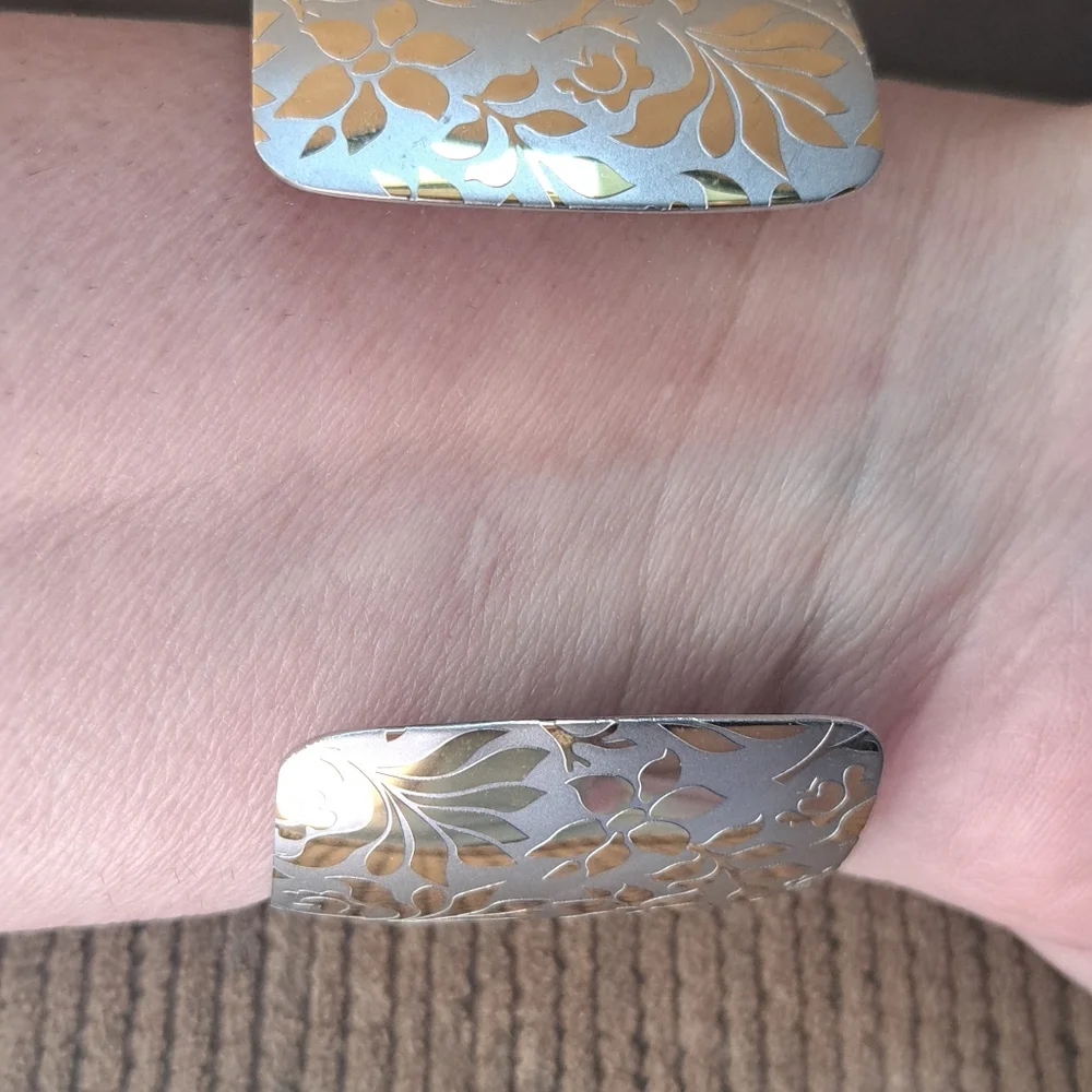Vintage Stainless Steel Bangle Lovely Raised Gold Toned Flowers Relief Design